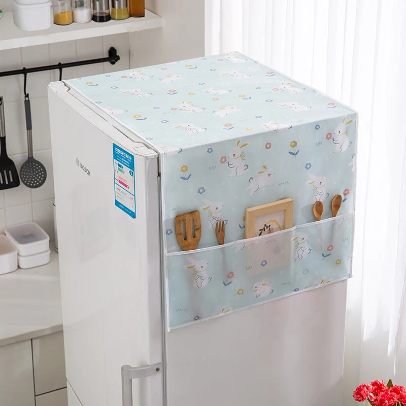Refrigerator Cover with unicorn design and side pockets for kitchen tools, enhancing storage and protecting from dust and spills in modern kitchens.