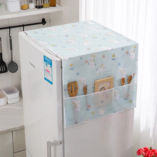 Refrigerator Cover with unicorn design and side pockets for kitchen tools, enhancing storage and protecting from dust and spills in modern kitchens.