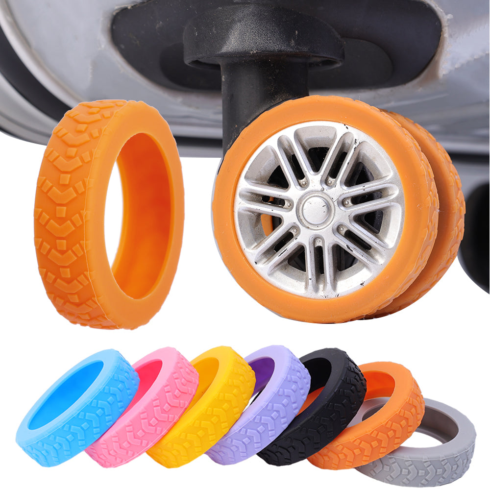 Assorted color rubber luggage wheel covers including orange, blue, pink, purple, black, and gray, shown on and off suitcase wheels.