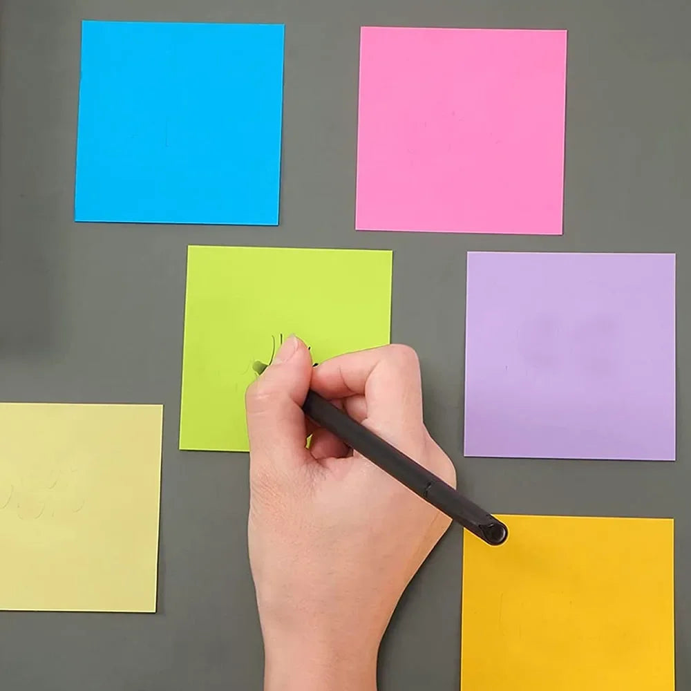 Colorful Post-it Sticky Notes 5-Colour - Super Sticky used for writing notes, perfect for office desks, schoolwork, and reminders.