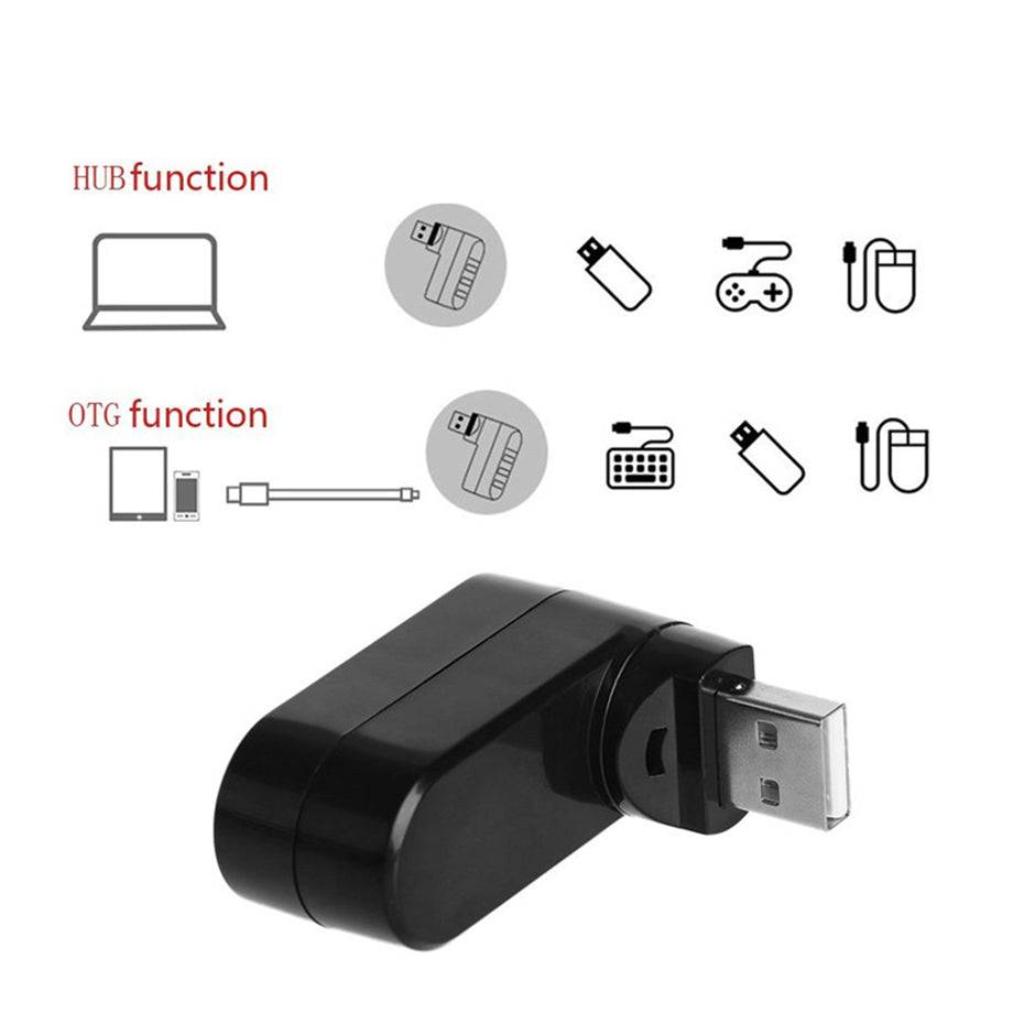 3 Port Rotatable USB Adapter demonstrating HUB and OTG functions, compatible with USB drives, keyboards, and mice.
