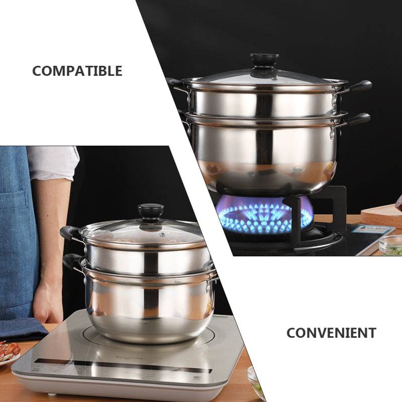 Stainless steel food steamer with two tiers, compatible with gas and induction cooktops. Features a glass lid and ergonomic handles for convenient cooking.