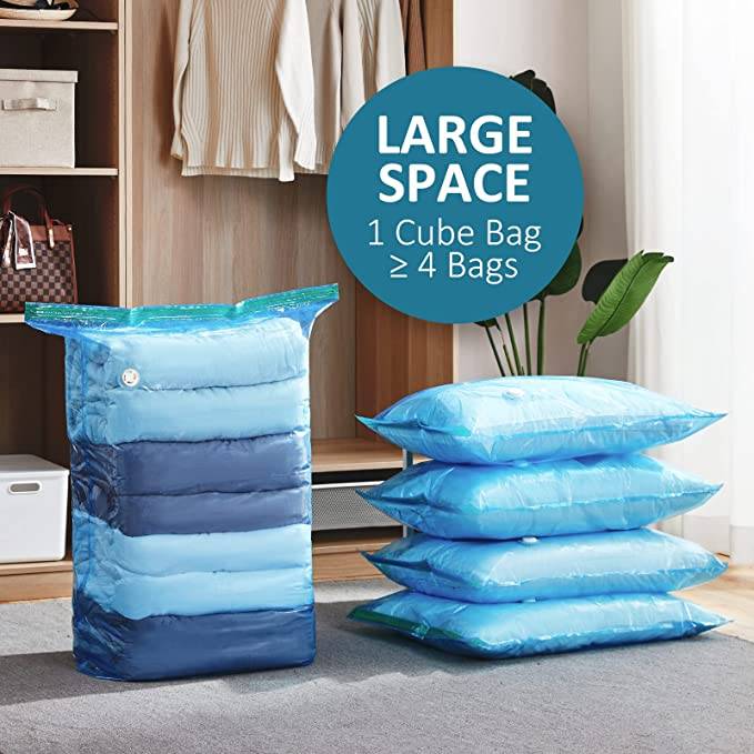 Vacuum Cloth Storage Bag 68x98 cm compresses bulky clothes into a cube, saving space equal to four regular bags for efficient closet storage.