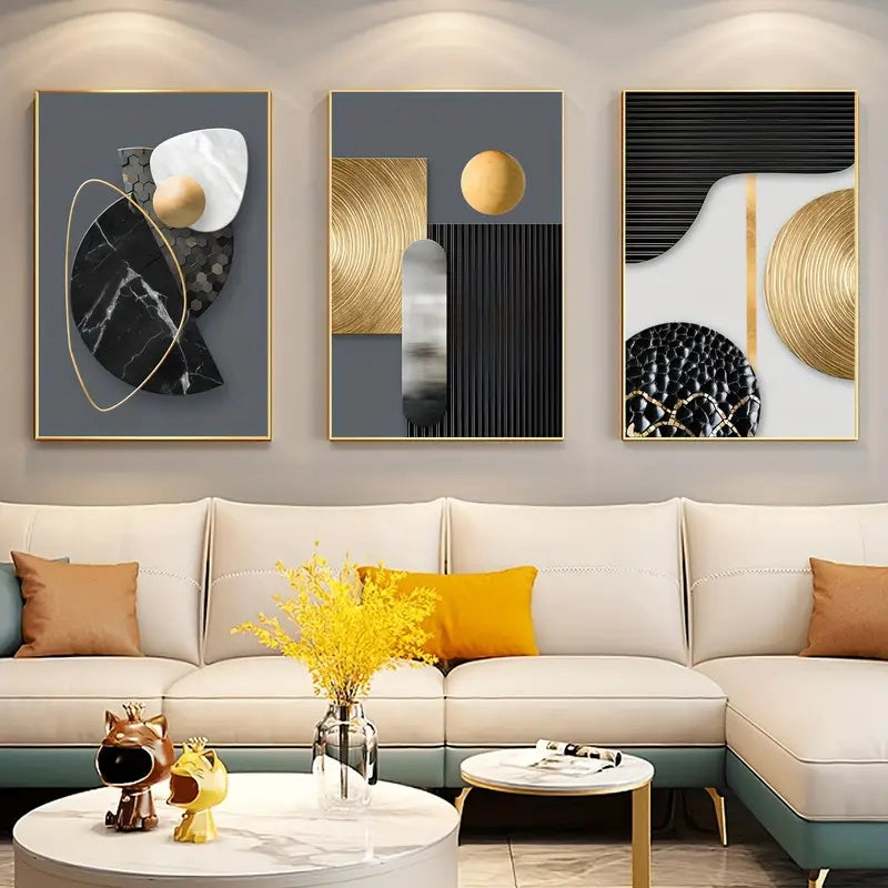 Modern 3PCS Frameless Geometry Art Canvas Print Sri Lanka displayed above a beige sofa, showcasing elegant gold and black abstract designs.