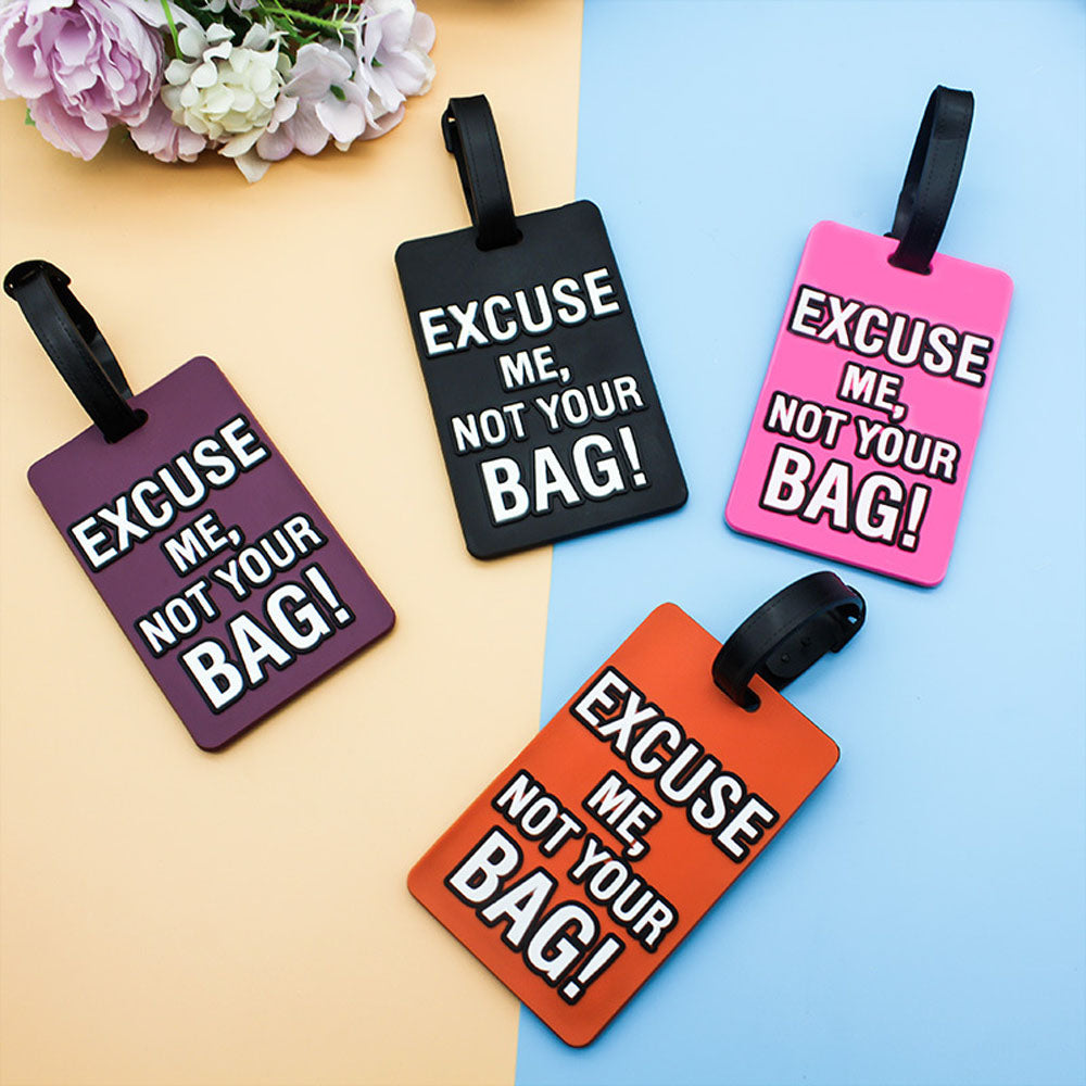 Colorful Luggage Tag Excuse Me ID Holders in purple, black, pink, and orange, perfect for easy luggage identification while traveling.