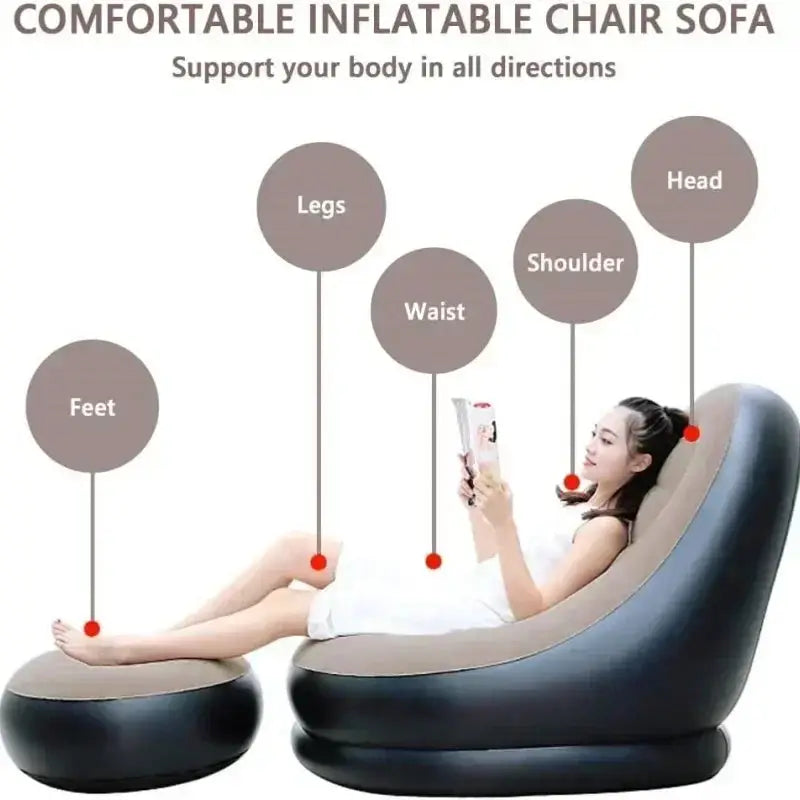 Inflatable Sofa Chair 2PCS with footrest supports head, shoulder, waist, legs, and feet. Ideal for indoor or outdoor portable seating.