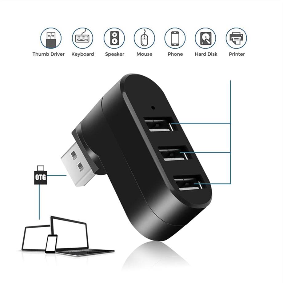 3 Port Rotatable USB Adapter labeled with supported devices like phone, hard disk, printer, and keyboard for multitasking use.