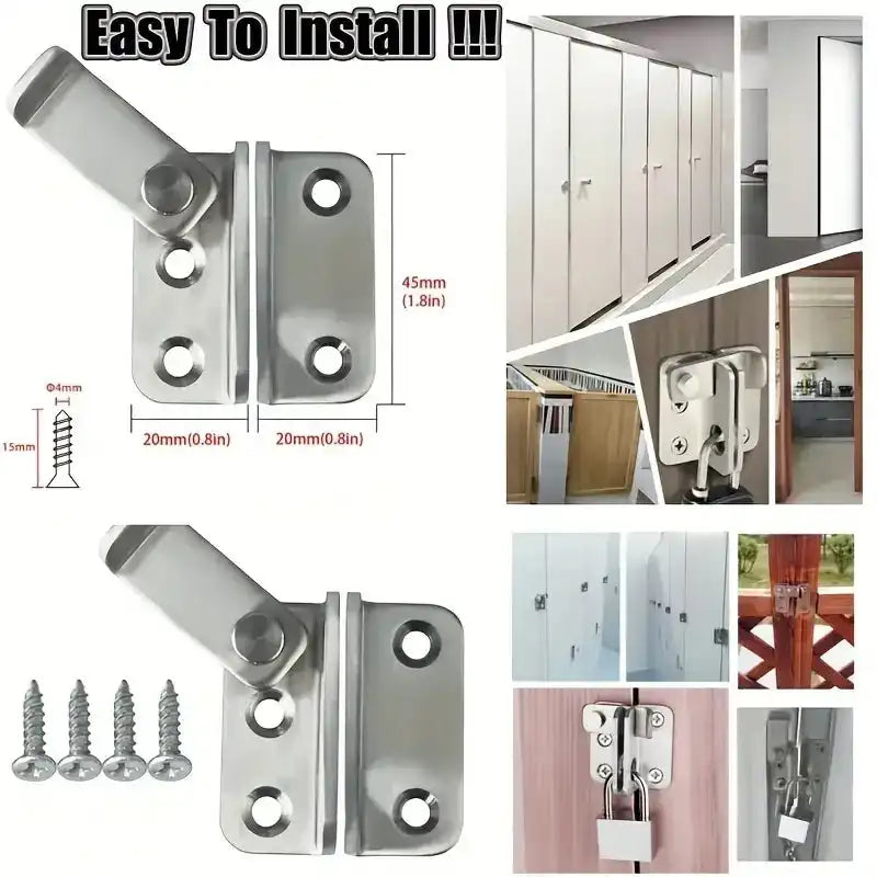 Easy-to-install Stainless Steel Door Lock with screws and usage examples for cabinets, gates, and lockers. Buy from Bamagate.com in Sri Lanka.