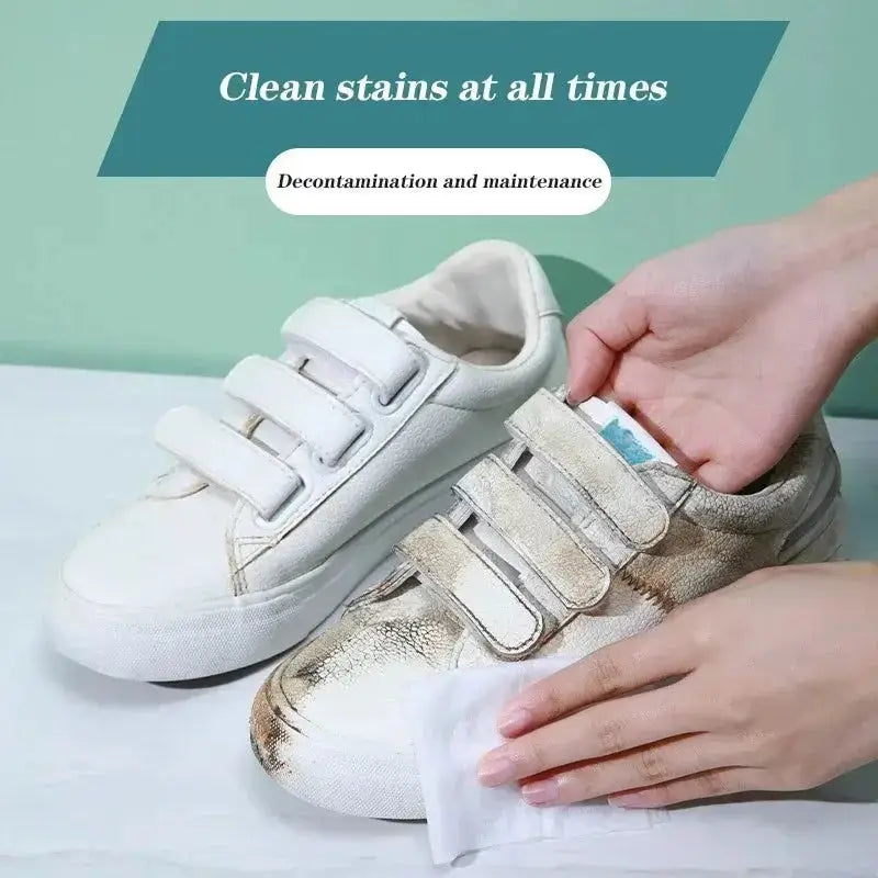 Shoe Cleaning Wipes 80PCS - Clean Shoes Effortlessly | 80 Wipes used to remove stains from white sneakers, ideal for quick shoe maintenance.