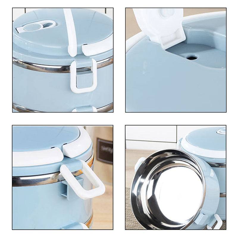 Close-up of blue insulated stainless steel lunch carrier 1.7L, showcasing secure locking clips and durable inner lining for temperature retention.