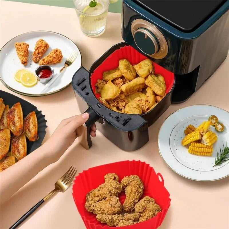 Reusable Silicone Air Fryer Liner Square in red used to cook fried food in air fryer basket, fits 3.6-7.2L models. Ideal for non-stick, oil-free cooking sri lanka