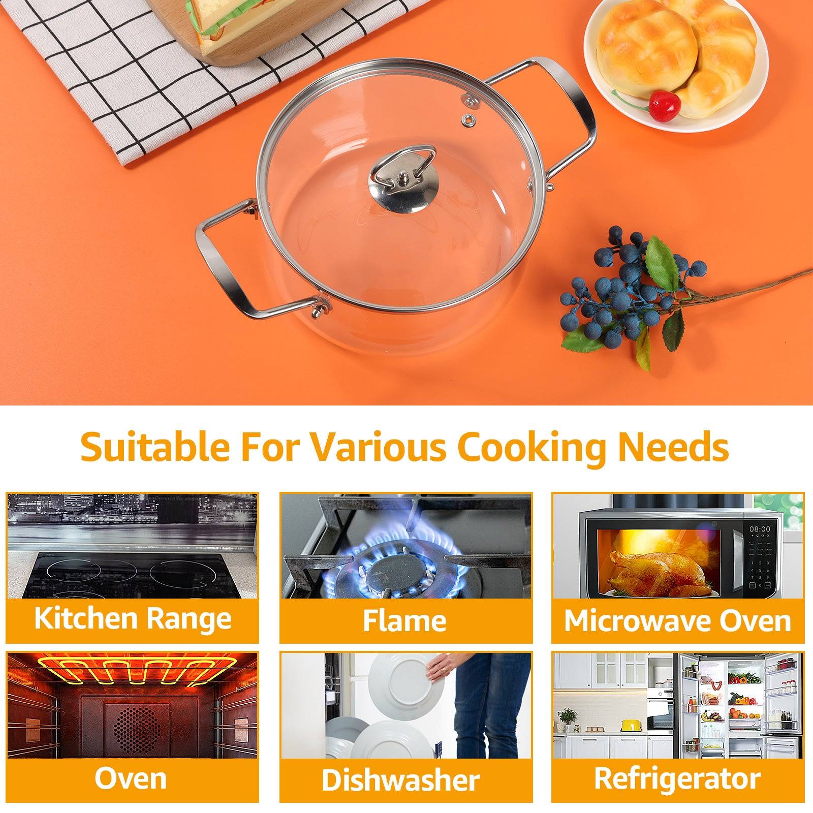 Heat Resistant Glass Pot - 3.5L Cooking Glass with lid shown on orange surface. Suitable for oven, microwave, flame, and dishwasher use.