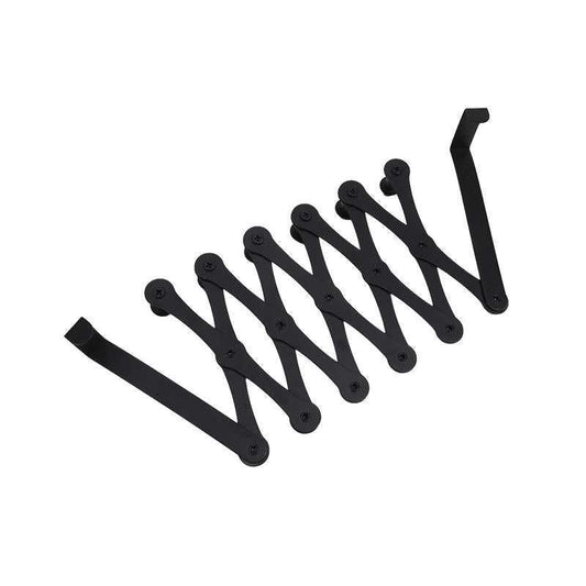 Black accordion-style Retractable Clothes Hanging Hook partially extended, designed for over-the-door use in home or travel closet organization.