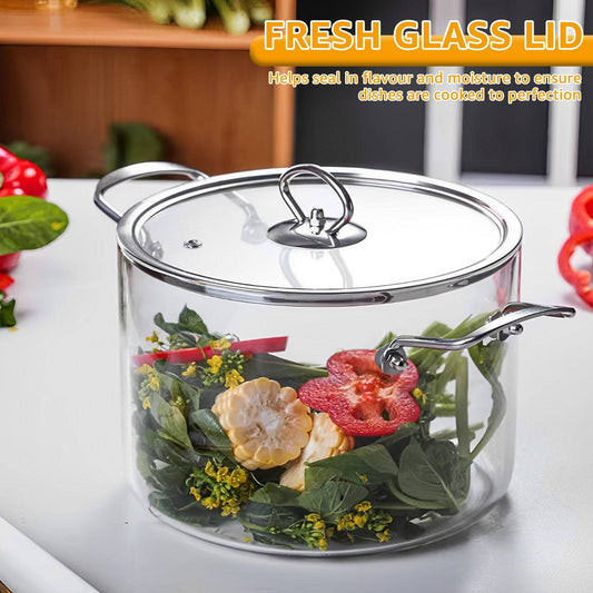 Heat Resistant Glass Pot - 3.5L Cooking Glass with fresh glass lid, ideal for oven and microwave use. Transparent borosilicate design for easy food monitoring.