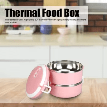 Thermal food box with a stainless steel interior, designed for easy cleaning and insulation. Perfect for keeping meals warm or cold on the go.