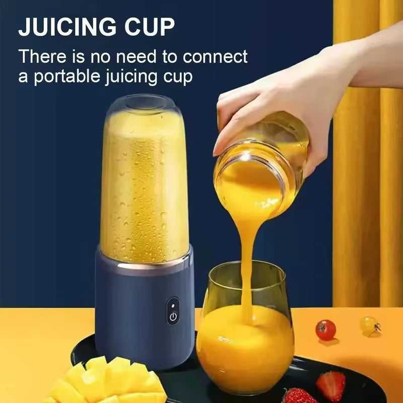 Portable 400 ml rechargeable juicer in navy blue blending mango juice, featuring one-touch operation and no need for an extra juicing cup.