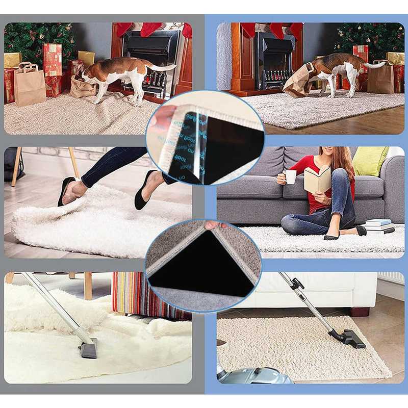4PCS Rug Gripper Pad - Anti-Slip Carpet Protection used in various home settings to prevent rug slipping and enhance safety on hardwood floors.