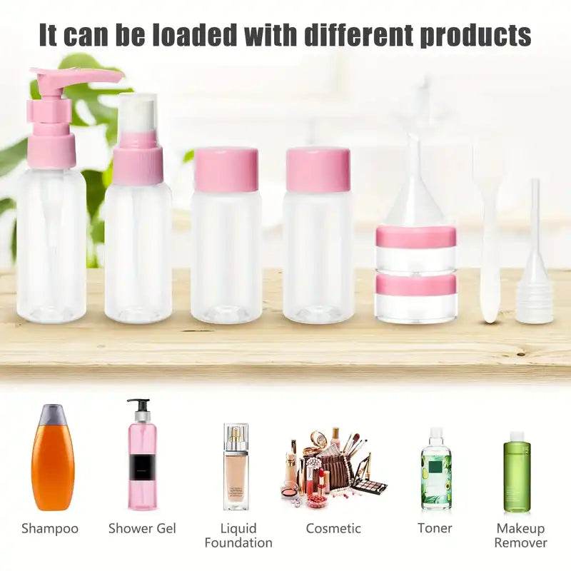 Versatile 6PCS travel cosmetic bottles set for shampoo, toner, makeup remover, and more. Leak-proof containers with pink caps for travel convenience.