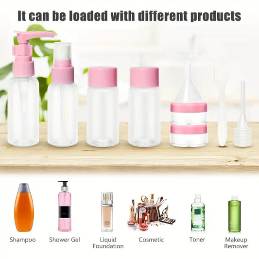 Versatile 6PCS travel cosmetic bottles set for shampoo, toner, makeup remover, and more. Leak-proof containers with pink caps for travel convenience.
