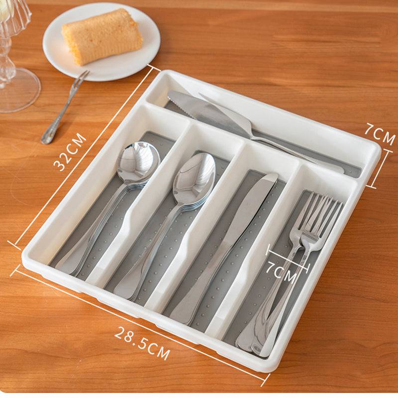 White 5 Grids Plastic Cutlery Tray filled with silverware, featuring labeled dimensions for optimal kitchen drawer fit, 32x28.5cm.