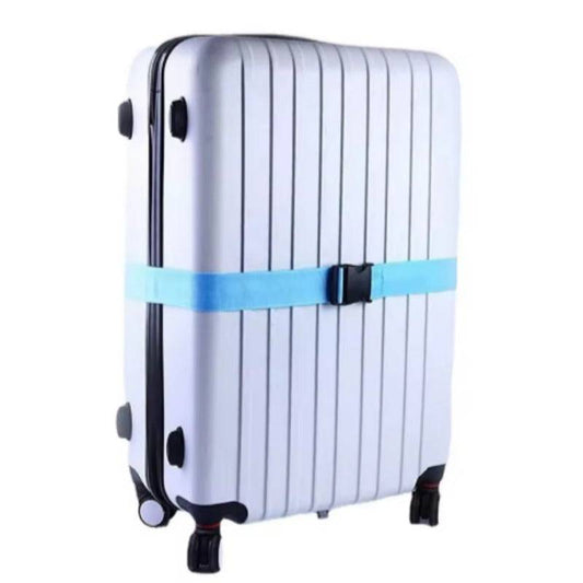 Blue Luggage Strap with Plastic Buckle tightly wrapped around a suitcase, perfect for preventing accidental openings during travel.