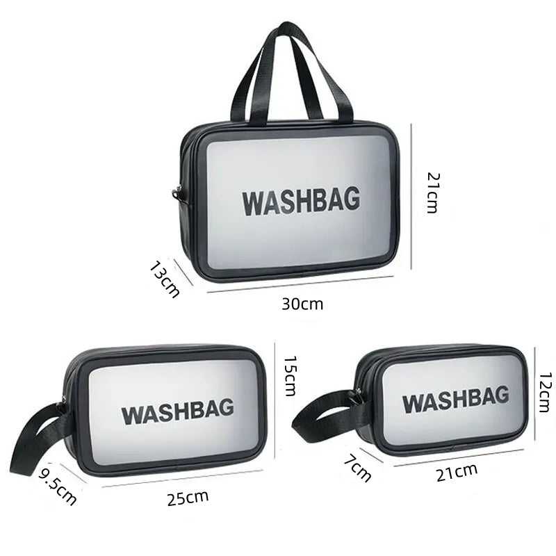 Waterproof Travel Makeup Bag Set - 3PCS with size dimensions shown, includes large, medium, and small toiletry bags for organized packing.