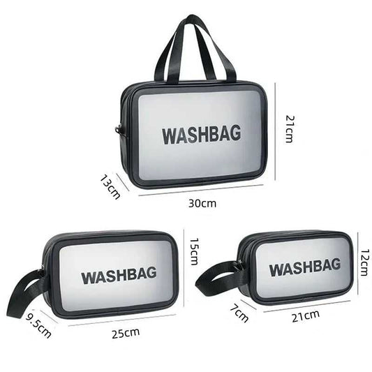 Waterproof Travel Makeup Bag Set - 3PCS with size dimensions shown, includes large, medium, and small toiletry bags for organized packing.