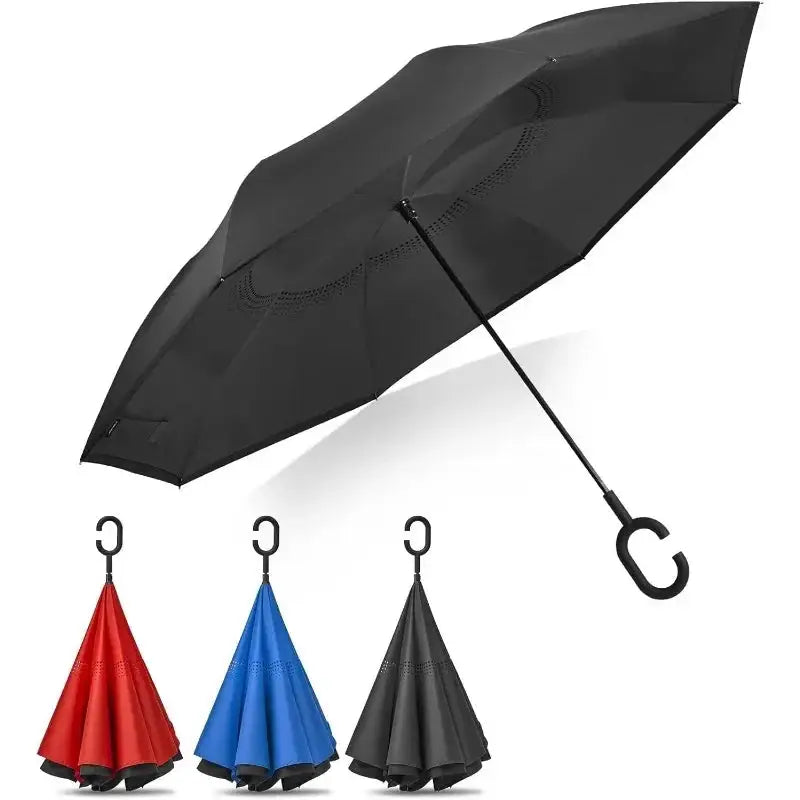 Reverse folding umbrella with C-shaped handle in black, featuring an innovative inverted design. Available in red, blue, and black colors.