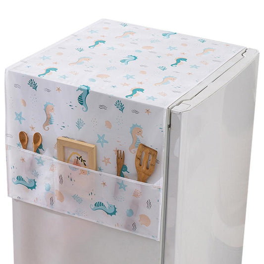 Dust Proof Fridge Cover with Pocket in seahorse print fits neatly over a refrigerator, offering storage for utensils and decor. Ideal for kitchen organization.