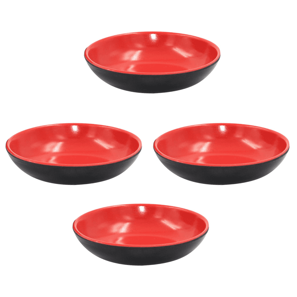 4PCS Melamine Sauce Dishes - Durable Set | Scratch Resistant, red and black round bowls ideal for serving sauces or condiments.