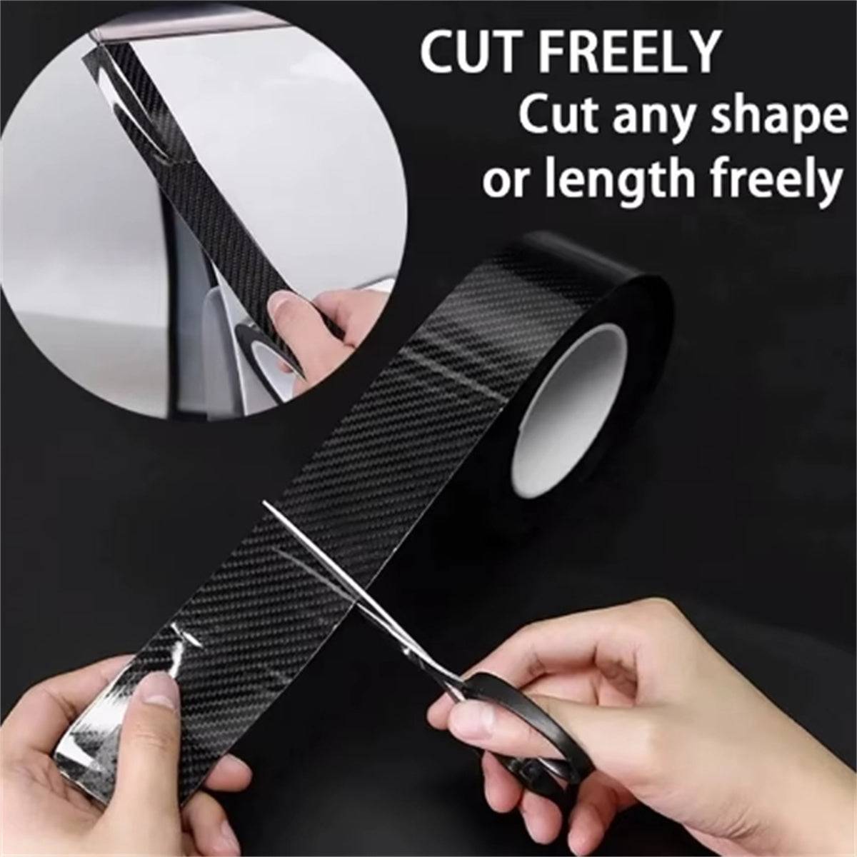 Carbon Nanofiber Tape Car Door Edge 3m being cut with scissors, demonstrating flexibility to cut into any shape or length for custom fit.