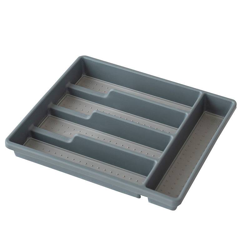 5 Grids Cutlery Tray Organizer in gray plastic with five compartments, ideal for organizing utensils in kitchen drawers, 32x28.5cm size.