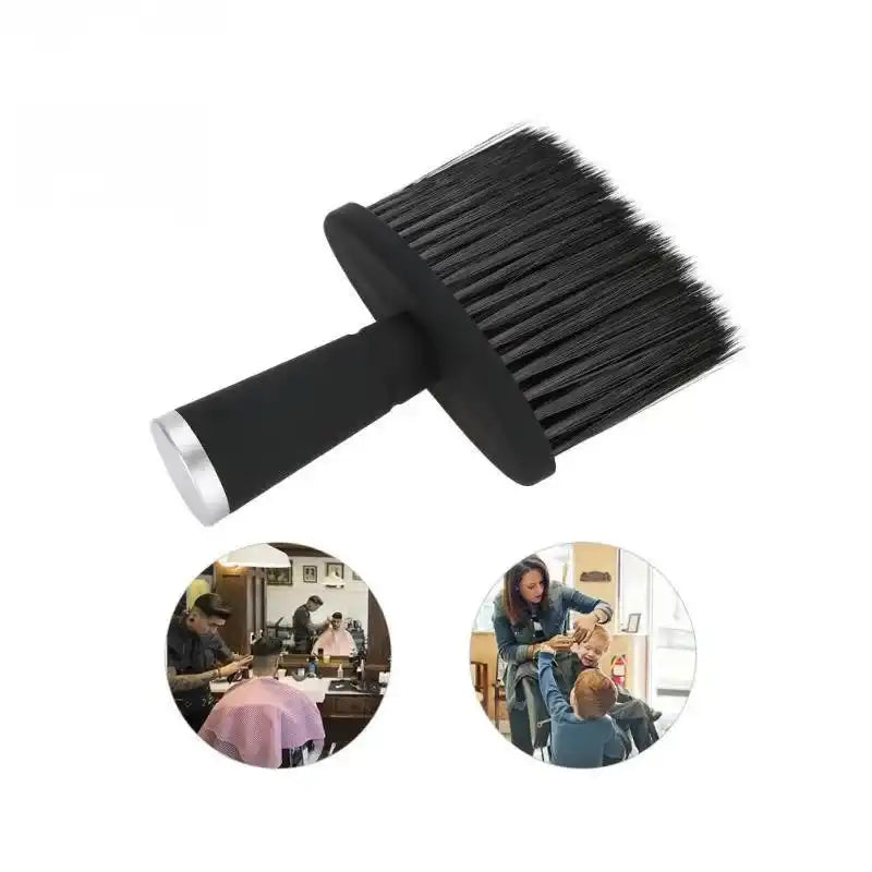 Professional Neck Duster Brush for Hair Cleaning with black bristles, shown in barber shop settings for efficient post-haircut cleanup.