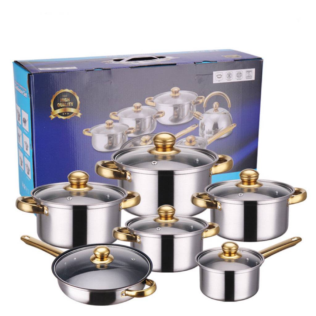 Complete Stainless Steel Cookware Set 12PCS with packaging, featuring durable pots and pans with golden accents for modern kitchens.