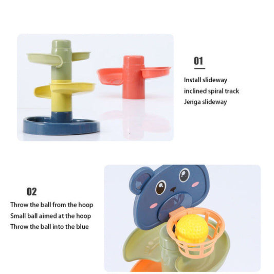 Buy Ball Tower Toy Online at Best Price in Sri Lanka showing step-by-step play instructions for assembling and using the rolling ball pile tower toy.