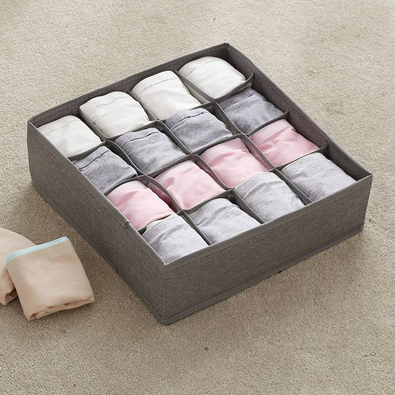 Drawer Underwear Organizer - Divided Box with 16 grids in gray fabric, ideal for neatly storing socks and underwear in closet drawers.