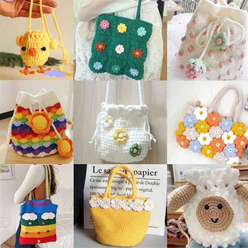 Creative handmade crochet bags and pouches crafted with Crochet Knitting Yarn 2PCS - 4 Ply Cotton, ideal for arts and crafts projects.