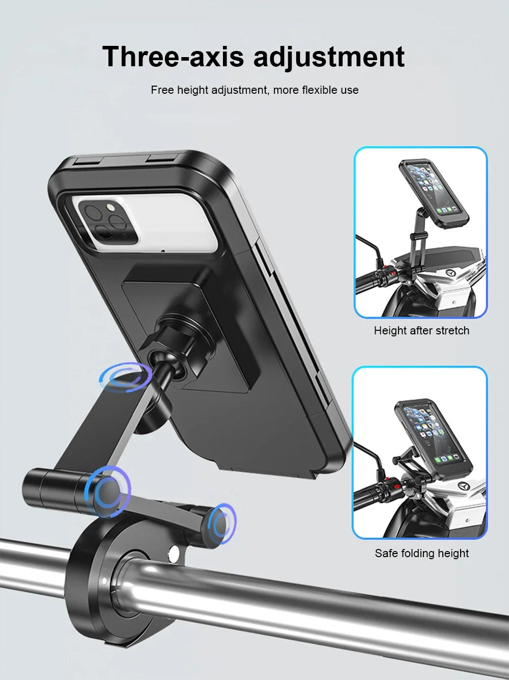 Adjustable Waterproof Mobile Phone Holder Bike Motorcycle | Bamagate.com with three-axis mount for flexible height and angle on handlebars.