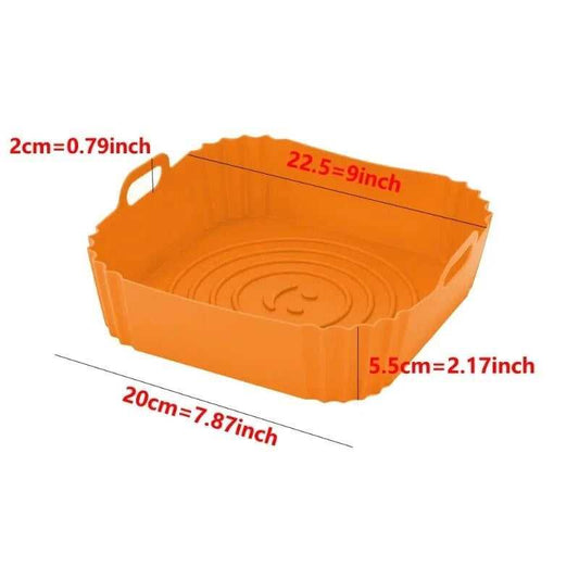 Orange Square Air Fryer Liner - Reusable Silicone with dimensions labeled, heat-resistant and fits 3.6-7.2L air fryers, perfect kitchen accessory.