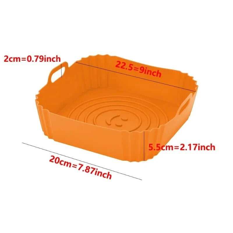 Orange Square Air Fryer Liner - Reusable Silicone with dimensions labeled, heat-resistant and fits 3.6-7.2L air fryers, perfect kitchen accessory.