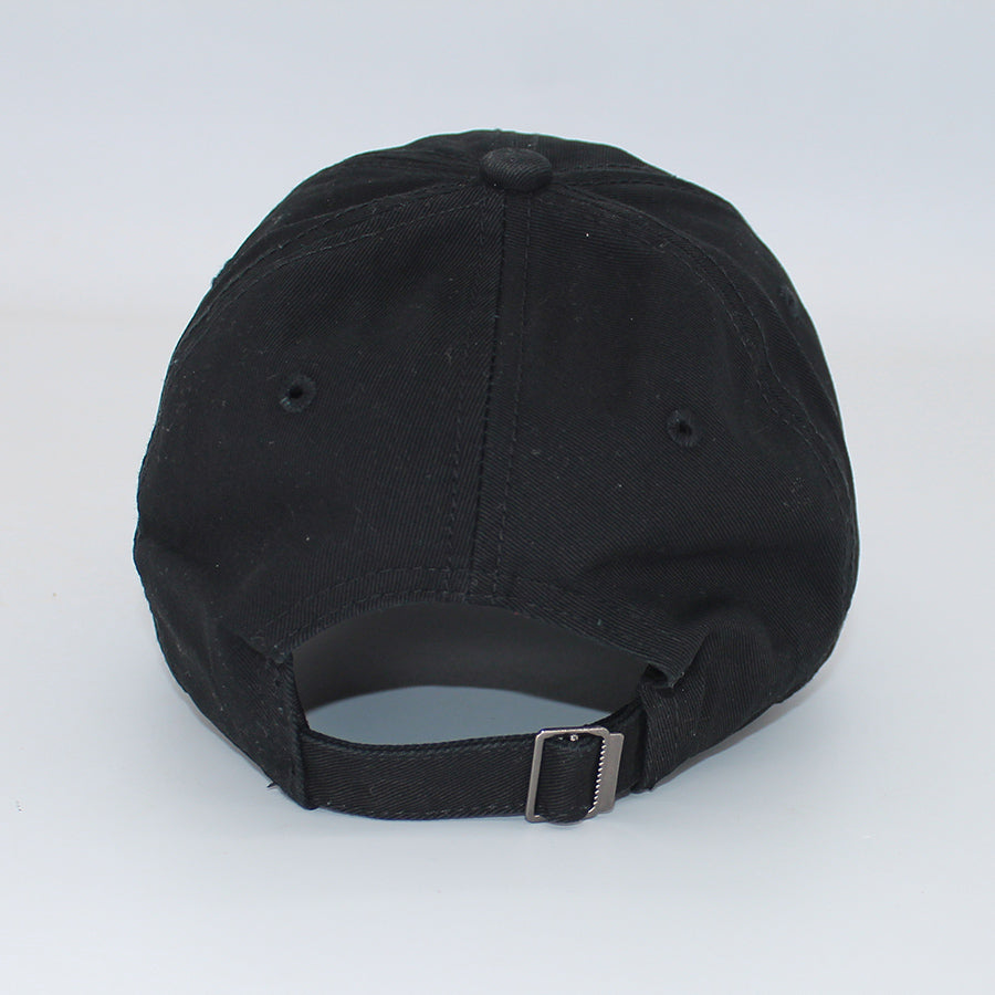Back view of Men Adjustable NY Black Cap featuring metal buckle strap for a customizable fit. Ideal men's accessory for casual and sporty outfits.