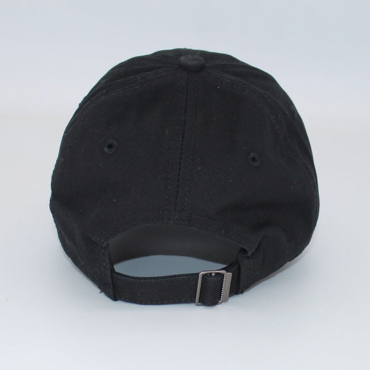 Back view of Men Adjustable NY Black Cap featuring metal buckle strap for a customizable fit. Ideal men's accessory for casual and sporty outfits.
