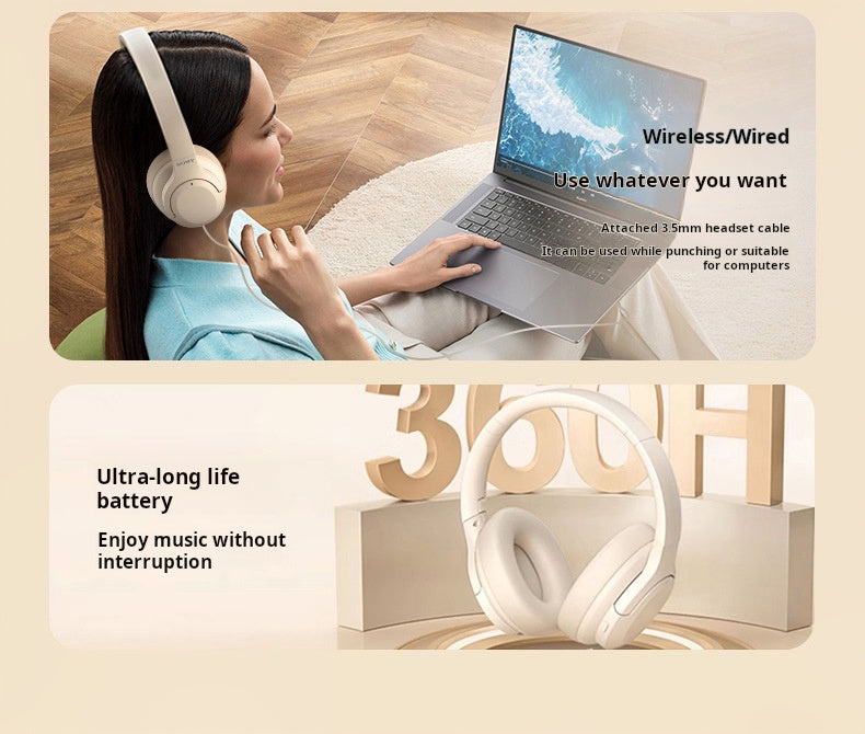 Lifestyle image of SONY XB86 Wireless Headset used with laptop, highlighting wired/wireless modes and 360H ultra-long battery life for audio use.