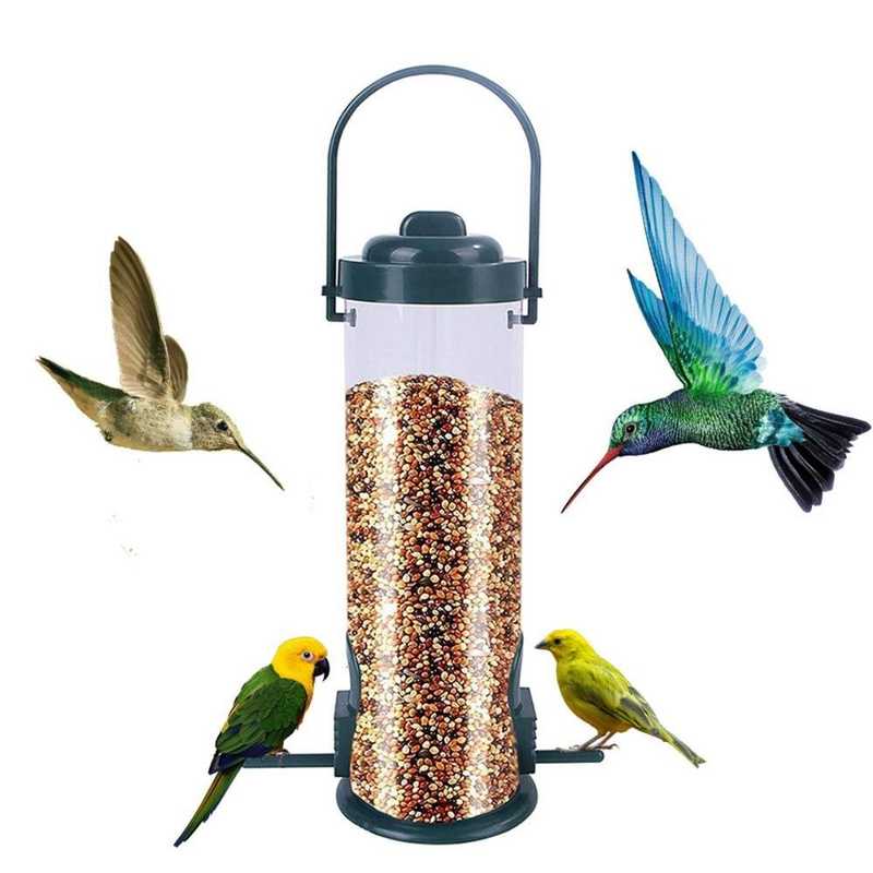 Outdoor Hanging Bird Feeder with multiple feeding holes, attracting colorful birds in a garden setting. Ideal for backyard bird watching.