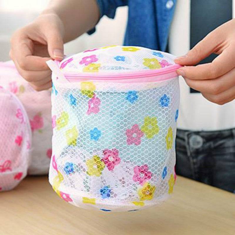 Mesh Washing Bag for Safe Underwear Wash with colorful floral design and zipper closure, ideal for protecting delicates in washing machines.