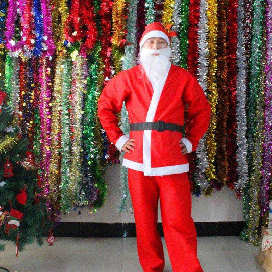 Man wearing Adult Santa Costume with red coat, pants, hat, belt, and beard, ideal Claus Suit Set for festive Christmas decoration events.