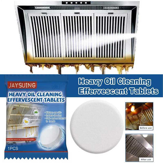 Kitchen Oven Hood Oil Grease Cleaning Tablet 10PCS dissolves heavy grease buildup on range hoods with visible before-and-after cleaning results.