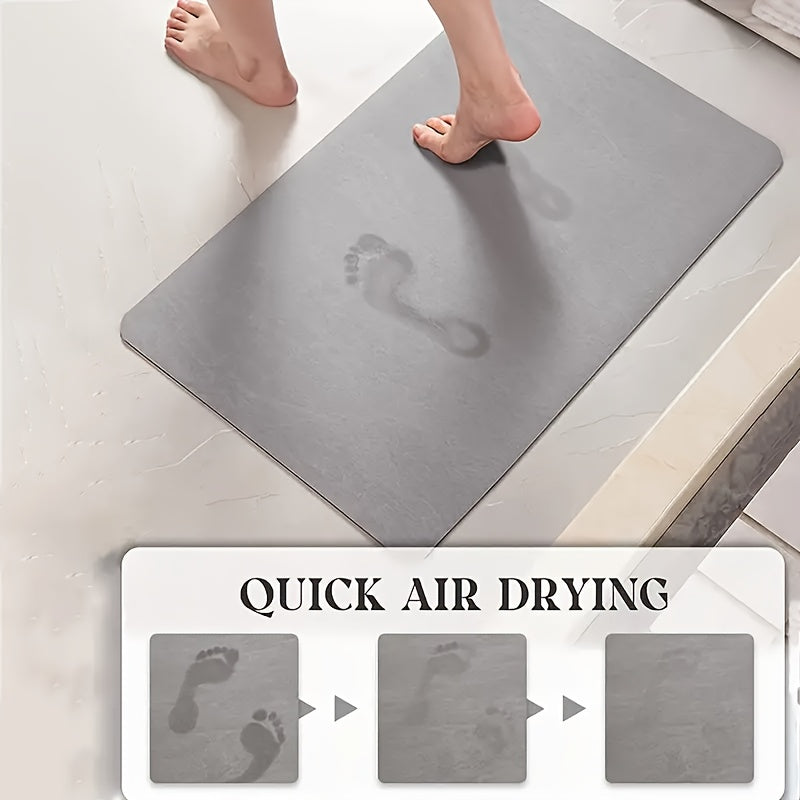 Quick air-drying Super Absorbent Home Mat in light grey showing footprint evaporation stages, perfect for keeping bathroom floors dry and safe.