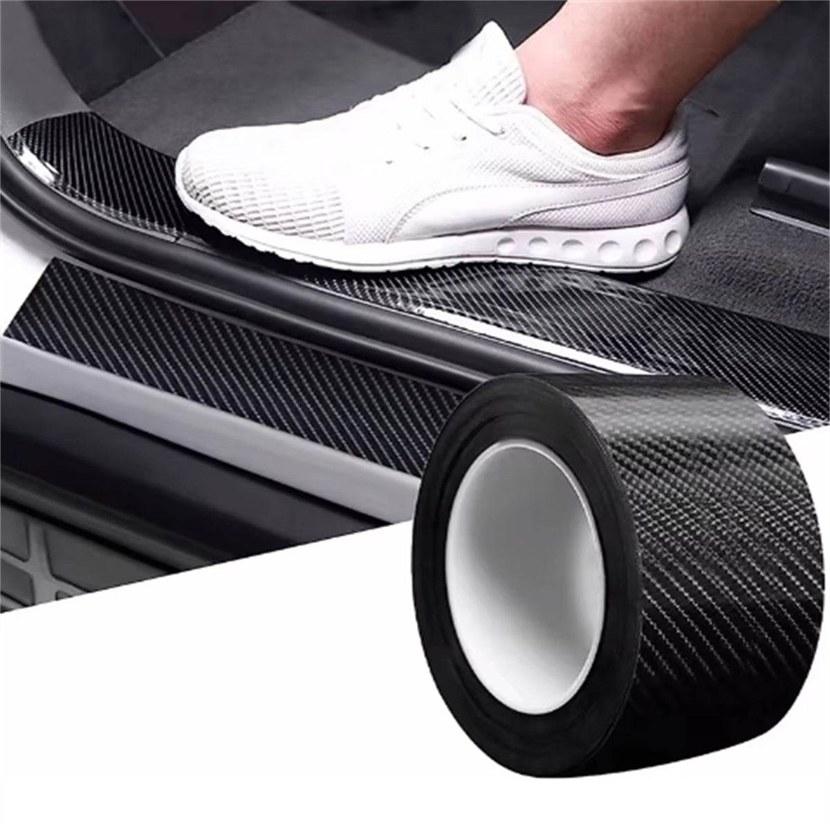 Carbon Nanofiber Tape Car Door Edge 3m applied to car door sill for protection against scuffs and scratches, shown with foot stepping over it.