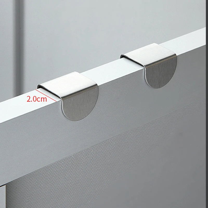 Stainless steel reversible drawer hook fitting a 2.0cm thick panel, showcasing its precision-engineered design for secure and easy installation.